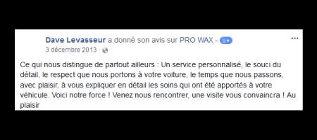 Pro Wax Facebook commentaire